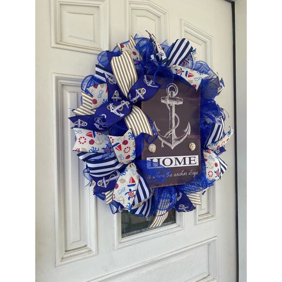 Nautical Wreath “Home Where the Anchor Drops” Coastal Front Door Decor, Handmade - Picture 7 of 9